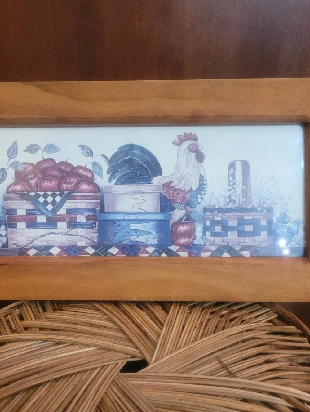 Laurie Korsgaden Country Rooster  VINTAGE Framed Print Art 12”x4.5” Wooden Frame